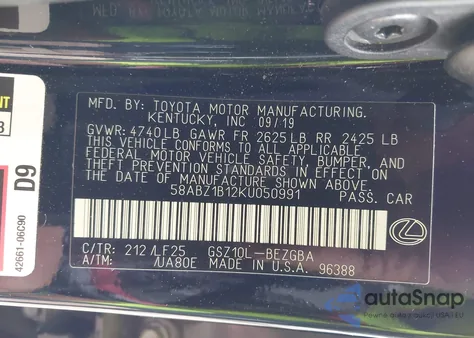 2019 Lexus Es 350 F Sport z USA, uszkodzony, nr VIN 58ABZ1B12KU050991